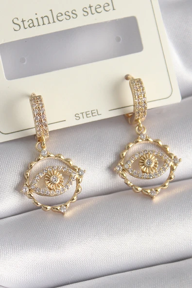 Pirinç Gold Renk Zirkon Taşlı Göz Model Kadın Küpe - TJ-BKP9733 ürün görseli 1