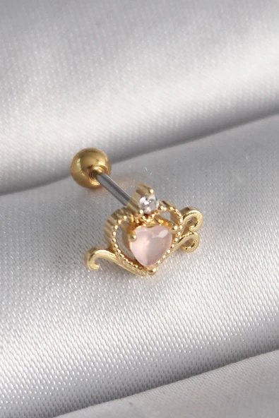 316L Çelik Gold Renk Pembe Mineli Kalp Zirkon Taş Detay Tragus Piercing - TJ-PR1260 ürün görseli 1
