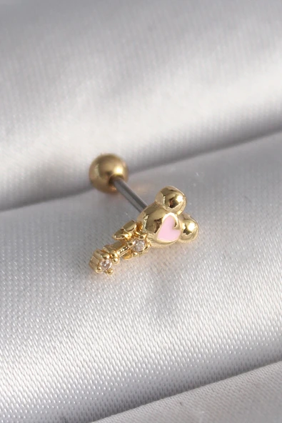 316L Çelik Gold Renk Zirkon Taş Detay Pembe Kalp İşleme Tragus Piercing - TJ-PR1280 ürün görseli 1