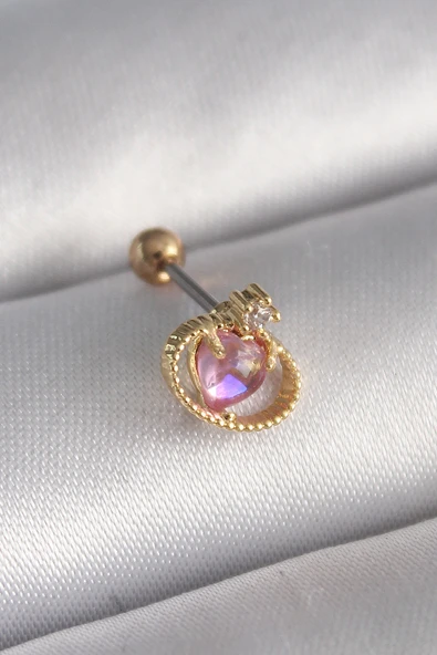 316L Çelik Gold Renk Pembe Mineli Kalp Zirkon Taş Detay Tragus Piercing - TJ-PR1272 ürün görseli 1