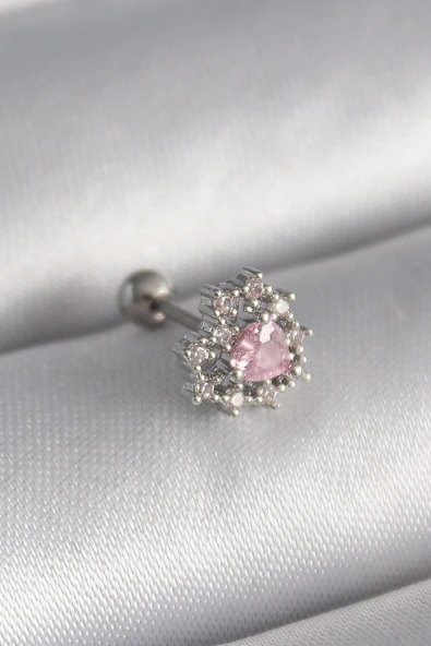 316L Çelik Gümüş Renk Zirkon Taşlı Kalp Tragus Piercing - TJ-PR1231 ürün görseli 1