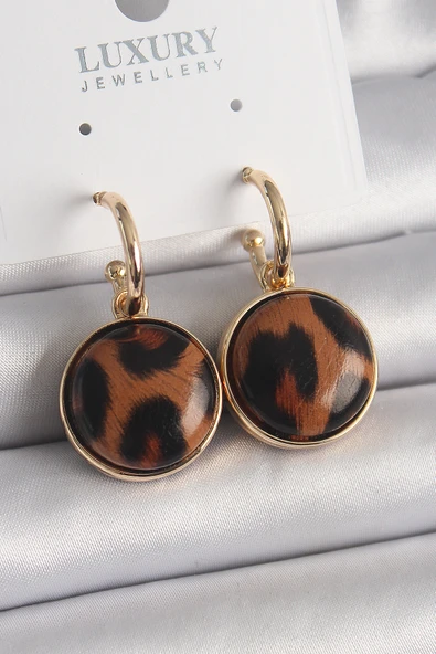 Pirinç Gold Renk Leopar Desenli Daire Model Kadın Küpe - TJ-BKP9877 ürün görseli 1