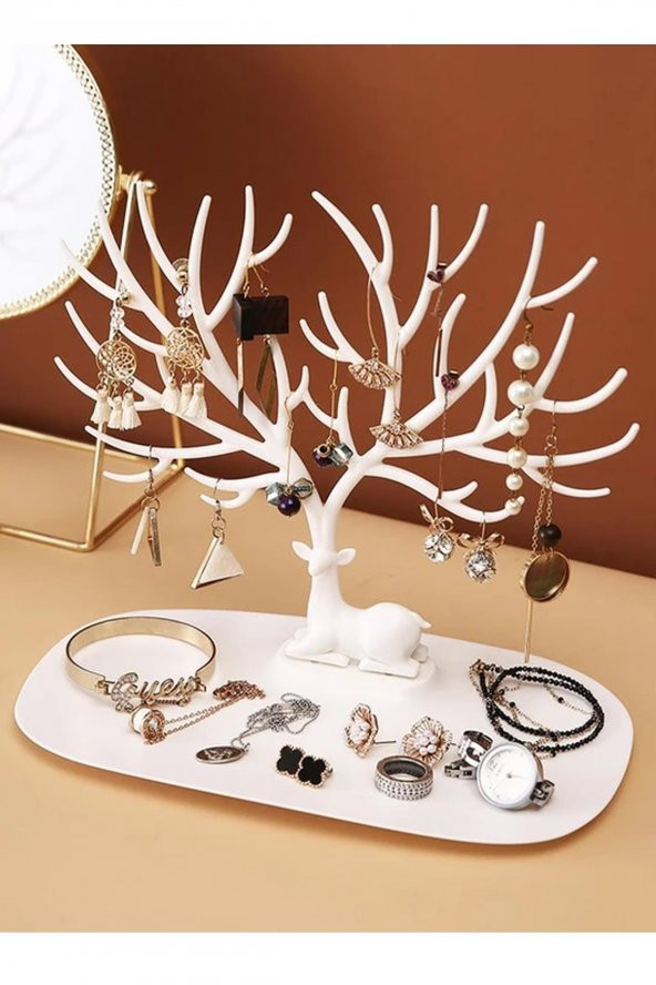 Geyik Tasarımlı Beyaz Aksesuar Takı Standı Yüzük Küpe Kolye Askılığı Mücevher Organizer Askı ürün görseli 1