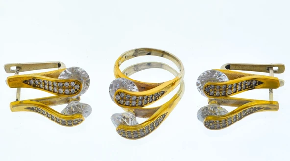 Özel Tasarım Gümüş Bronz El İşçiliği Işıltılı Kristal Taşlı Yüzük ve Küpe Takı Seti mod86 ürün görseli 1