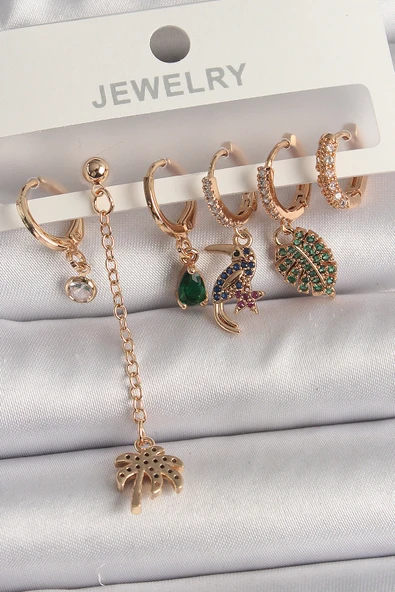 Pirinç Gold Renk Sallantı Zirkon Taşlı Ağaç Figür Kadın Küpe Seti - TJ-BKP10118 ürün görseli 1