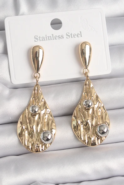Pirinç Gold Renk Sallantı Damla Model Gümüş Top Detay Kadın Küpe - TJ-BKP10068 ürün görseli 1