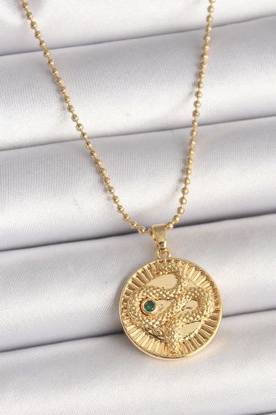 316L Çelik Gold Renk Topçuk Zincir Yılan İşlemeli Zirkon Taş Detaylı Madalyon Model Kadın Kolye - TJ-BKO9844 ürün görseli 1