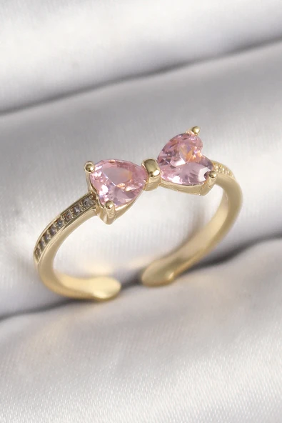 Pirinç Gold Renk Pembe Zirkon Taşlı Kalp Fiyonk Model Kadın Yüzük - TJ-BYK3641 ürün görseli 1