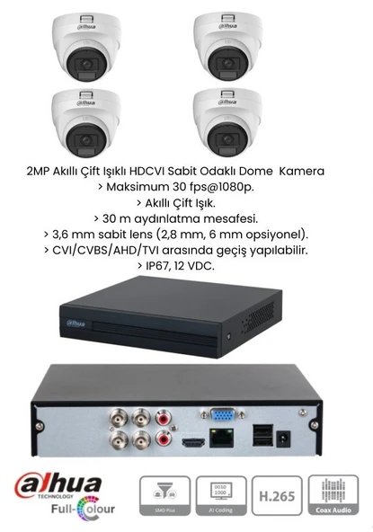 DAHUA 2 MP FULL HD 4 KAMERALI SESLİ RENKLİ GECE GÖRÜŞLÜ FULL HD KAMERA SET DOME SET ürün görseli 1
