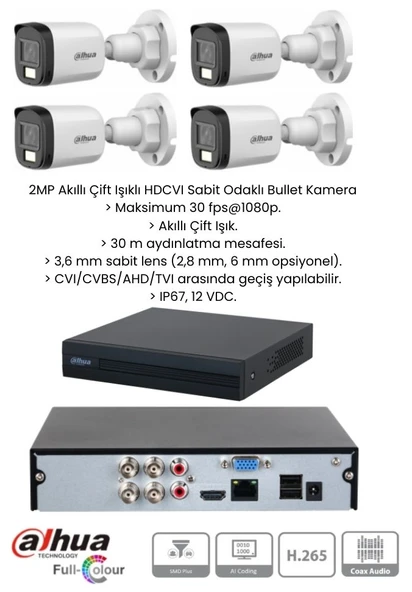 DAHUA 2 MP FULL HD 4 KAMERALI SESLİ RENKLİ GECE GÖRÜŞLÜ FULL HD KAMERA SET BULLET SET ürün görseli 1