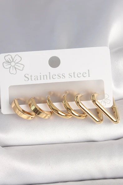 316L Çelik Gold Renk Üçgen Halka Model Kadın Küpe Seti - TJ-BKP10390 ürün görseli 1