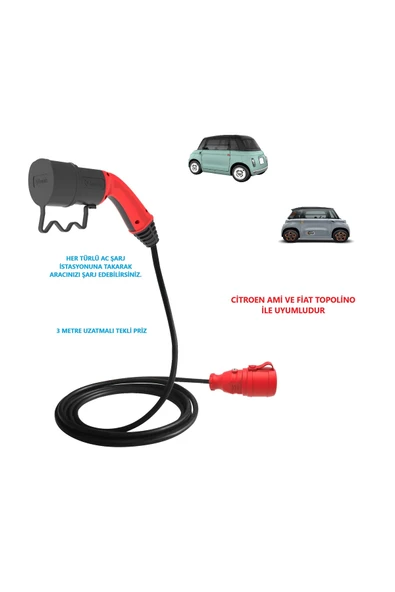 Bemis Citroen Ami Ve Fiat Topolino Uyumlu 3 Metre Uzatmalı, Tekli Ac Şarj Kablosu - C2l ürün görseli 1