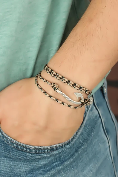 Krem Renk Çizgi Desenli Metal Kancalı Erkek Bileklik - TJ-EB2244-KS ürün görseli 1