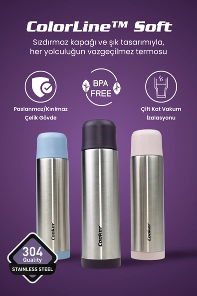 Cooker ColorLine Soft 500 ml Paslanmaz Çelik Termos CKR2001 - Resim 3