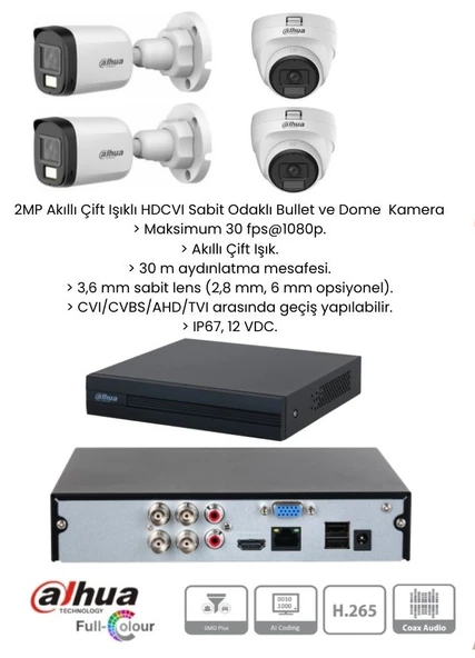 DAHUA 2 MP FULL HD 4 KAMERALI SESLİ RENKLİ GECE GÖRÜŞLÜ FULL HD KAMERA SET (2 BULLET - 2 DOME) ürün görseli 1