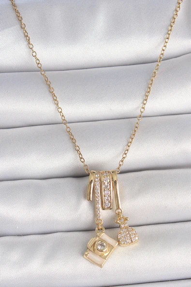 316L Çelik Gold Renk Zirkon Taşlı Sallantı Fotoğraf Makinası Figür Charm Kadın Kolye - TJ-BKO10097 ürün görseli 1