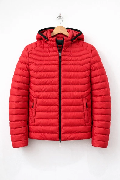 Erkek Slim Fit Kapüşonlu Şişme Mont Kırmızı Edw435 ürün görseli 1