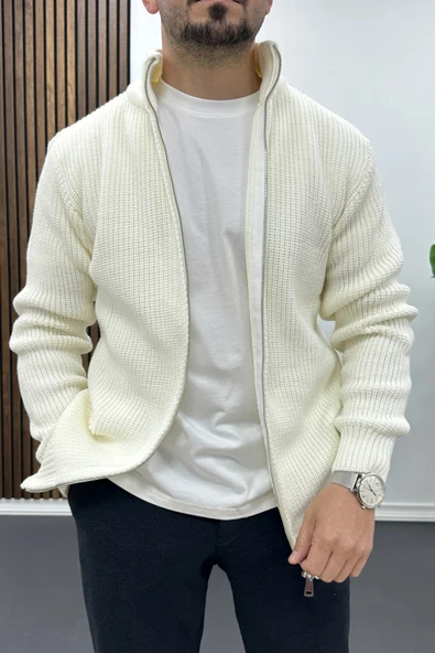 Erkek Slim Fit Fermuarlı Hırka Ekru Edw434 ürün görseli 1
