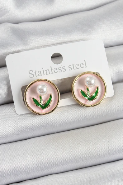 Pirinç Pembe Mineli Lale Figürlü Sanatsal Portre Model Gold Renk Kadın Küpe - TJ-BKP10674 ürün görseli 1