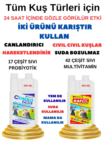 Tüm Kuşlar İçin Canlandırıcı Takviye Seti  Neşe  İştah ve Enerji Desteği 2adet 450 ml Multivitamin ve  Probiyotik ürün görseli 1