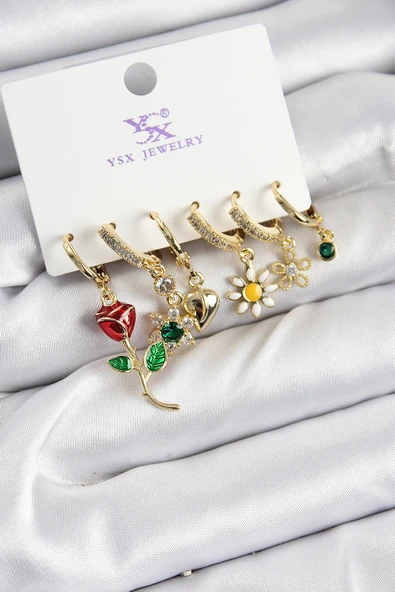 Pirinç Zİrkon Taşlı Gül Ve Papatya Model Gold Renk 3'lü Çift Kadın Küpe - TJ-BKP10957 ürün görseli 1