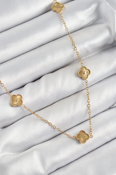 316L Çelik Yonca Model Gold Renk Kadın Kolye - TJ-BKO10378 ürün görseli 1