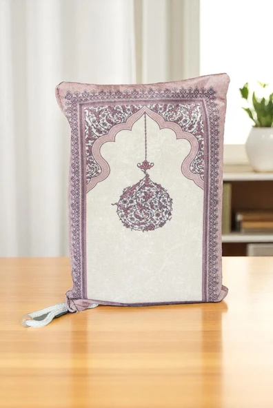 Taşınabilir Keseli Mihrap Desenli İpek Dokulu Kadife Seccade Fuşya ürün görseli 1