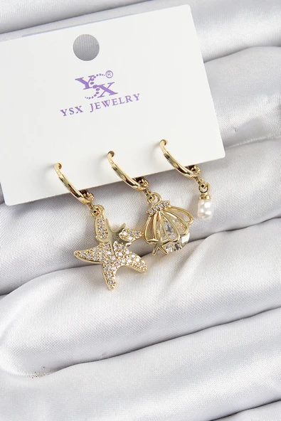 Pirinç Zİrkon Taşlı Deniz Yıldızı Ve İstiridye Model Gold Renk 3'lü Kadın Küpe - TJ-BKP10944 ürün görseli 1