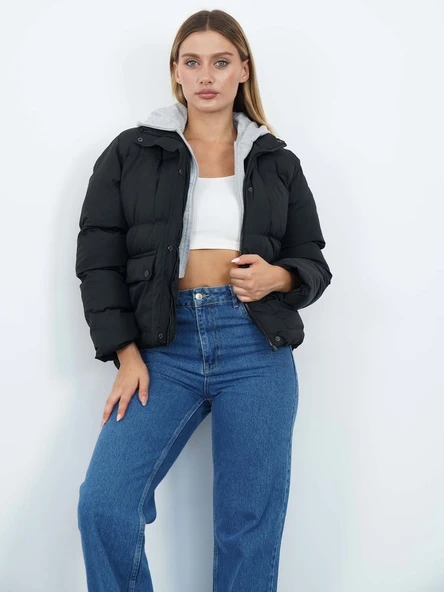 Kapüşonlu Çift Fermuarlı Puffer Mont - Resim 4
