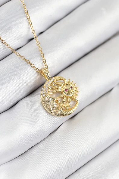 316L Çelik Zirkon Taşlı Ay Ve Güneş Model Gold Renk Kadın Kolye - TJ-BKO10538 ürün görseli 1
