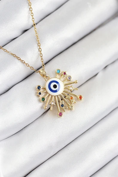 316L Çelik Zirkon Taşlı Nazar Model Gold Renk Kadın Kolye - TJ-BKO10544 ürün görseli 1