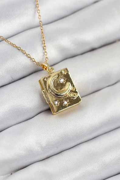 316L Çelik Zirkon Taşlı Açılabilr Kapaklı Kitap Model Gold Renk Kadın Kolye - TJ-BKO10515 ürün görseli 1