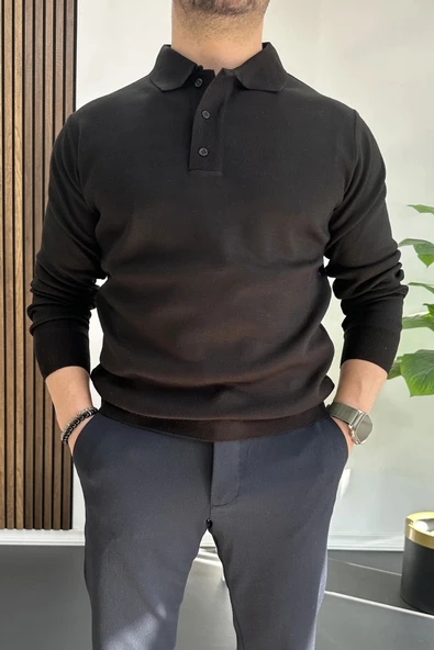 Erkek Düğmeli Polo Yaka Kazak Siyah Edw231 ürün görseli 1
