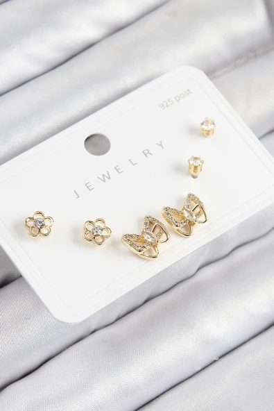 Pirinç Zirkon Taşlı Kelebek Model Gold Renk 925 Ayar Gümüş Çivi Kadın Küpe Set - TJ-BKP11182 ürün görseli 1