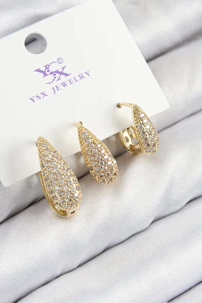 Pirinç Zirkon Taşlı 3'lü Damla Model Gold Renk Kadın Küpe - TJ-BKP11138 ürün görseli 1