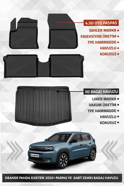 Fiat Grande Panda Elektrikli 2025+ Uyumlu 4.5D Premium Havuzlu Paspas ve Liner Marka Bagaj Havuzu ürün görseli 1