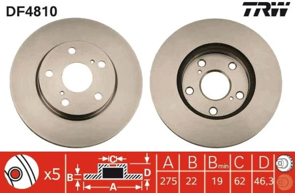 Toyota On Fren Diski (aynası) Havalı Toyota Aurıs Corolla 2007-2012 (275x5) - Trw Df4810 ürün görseli 1