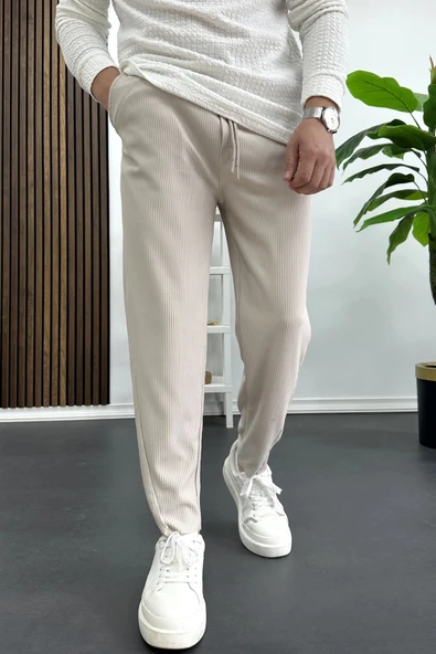 Erkek Asimetrik kesim Daralan Paça Pantolon Krem Edw437 ürün görseli 1