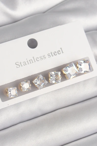 316L Çelik Gold Renk Kare Zirkon Taş Model Kadın Küpe Seti - TJ-BKP10304 ürün görseli 1