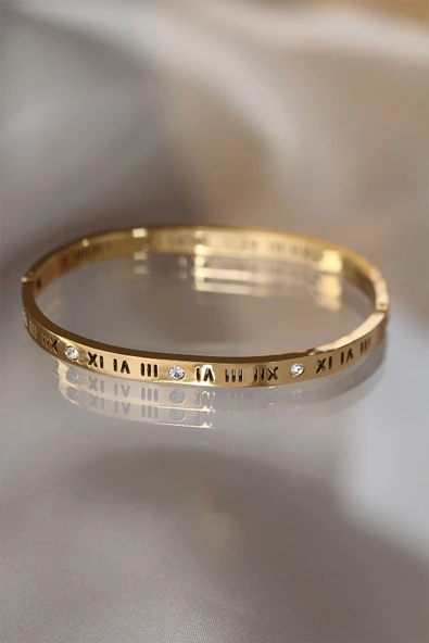 316L Çelik Roma Rakamlı Gold Renk Bilezik Kelepçe - TJ-BB3565 ürün görseli 1