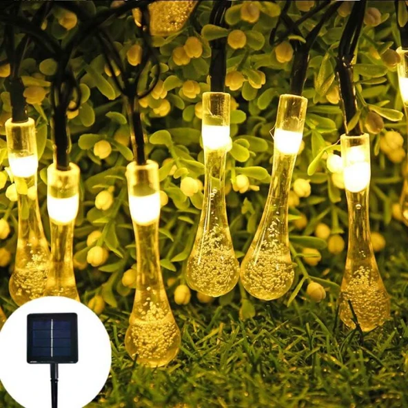 10 Led 2 Metre Sarı Kristal Su Damlası Güneş Enerjili Led Işık Solar Bahçe Ağaç Lamba Aydınlatması ürün görseli 1