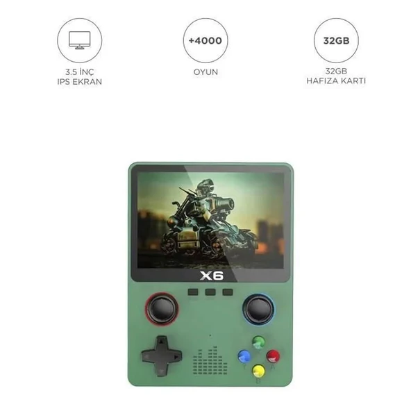 X6 Yeşil 4000+ Klasik Oyunlu 3.5 İnç IPS Ekran Kablosuz Atari Retro Oyun Konsolu ürün görseli 1