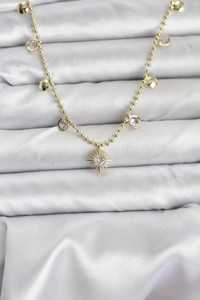 Zirkon Taşlı Kutup Yıldızı Model Pirinç Gold Renk Kadın Kolye - TJ-BKO10648 ürün görseli 1