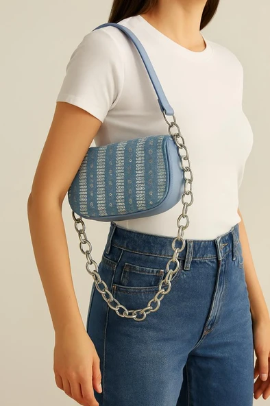 Angel Çanta Aksesuar Pullu Kot Kumaş, Denim  Çanta  (100 cm Zincir İle Gönderilecektir) ürün görseli 1