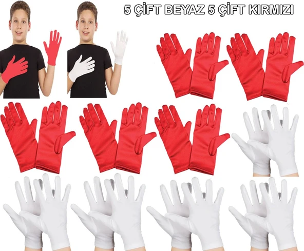 Çocuk Gösteri Eldiven Seti – 5 Çift Beyaz & 5 Çift Kırmızı ürün görseli 1