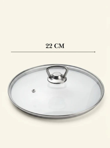 YUNUSOĞLU HOME Isıya Dayanıklı Cam Tencere Tava Kapağı - Metal Kulplu Buhar Delikli Yedek Kapak  22 CM ürün görseli 1