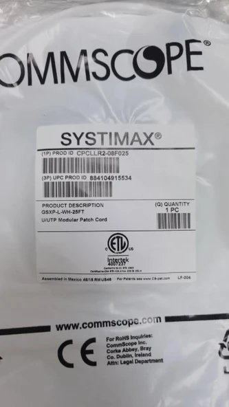 COMMSCOPE Patch Cord Utp Cat6 Kablo 7mt CPCLLR2-08F025 - GSXP-L-WH-25FT ürün görseli 1