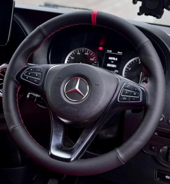 DİKİŞLİ DİREKSİYON KILIFI SİYAH / NOKTA DERİ KIRMIZI YÜZÜK KIRMIZI DİKİŞLİ MERCEDES VİTO İÇİN ürün görseli 1