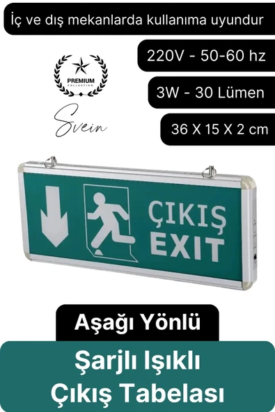 Işıklı Aşağı Çift Yönlü Acil Çıkış Exit Tabelası Şarjlı Yönlendirme Parlayan Armatür Uyarı Levhası ürün görseli 1