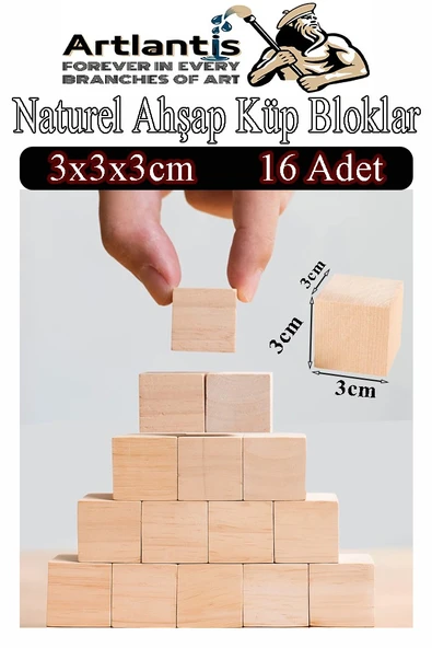 Naturel Ahşap Küp Bloklar 3x3x3cm 16 Adet Ahşap Naturel Kare Blok Eğitici Geliştirici Oyuncak Küp Matematik Birim ürün görseli 1